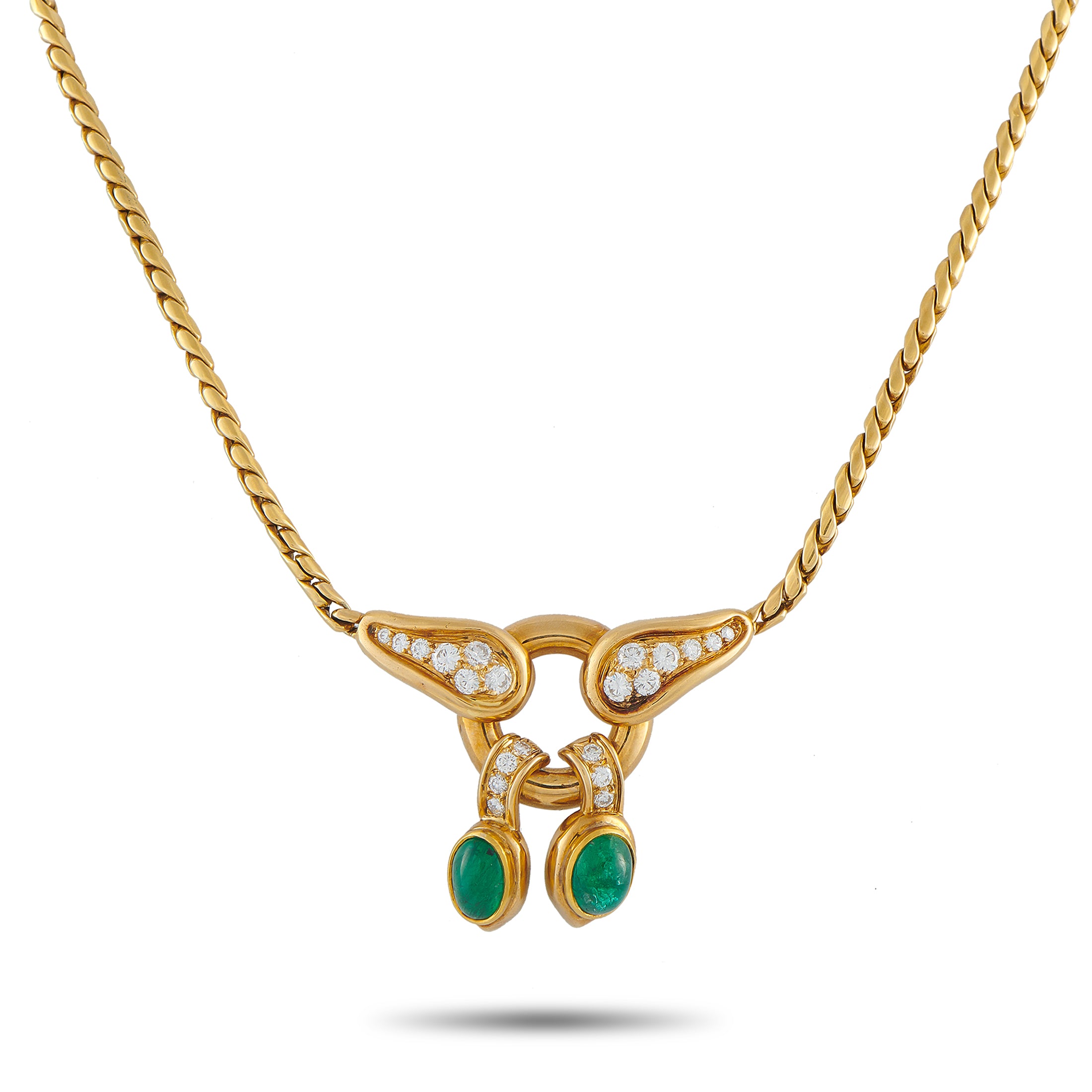 Rene Boivin18K Yellow Gold 1.0ct Diamond and Emerald Necklace – A modern, sculptural design makes this Rene Boivin necklace a