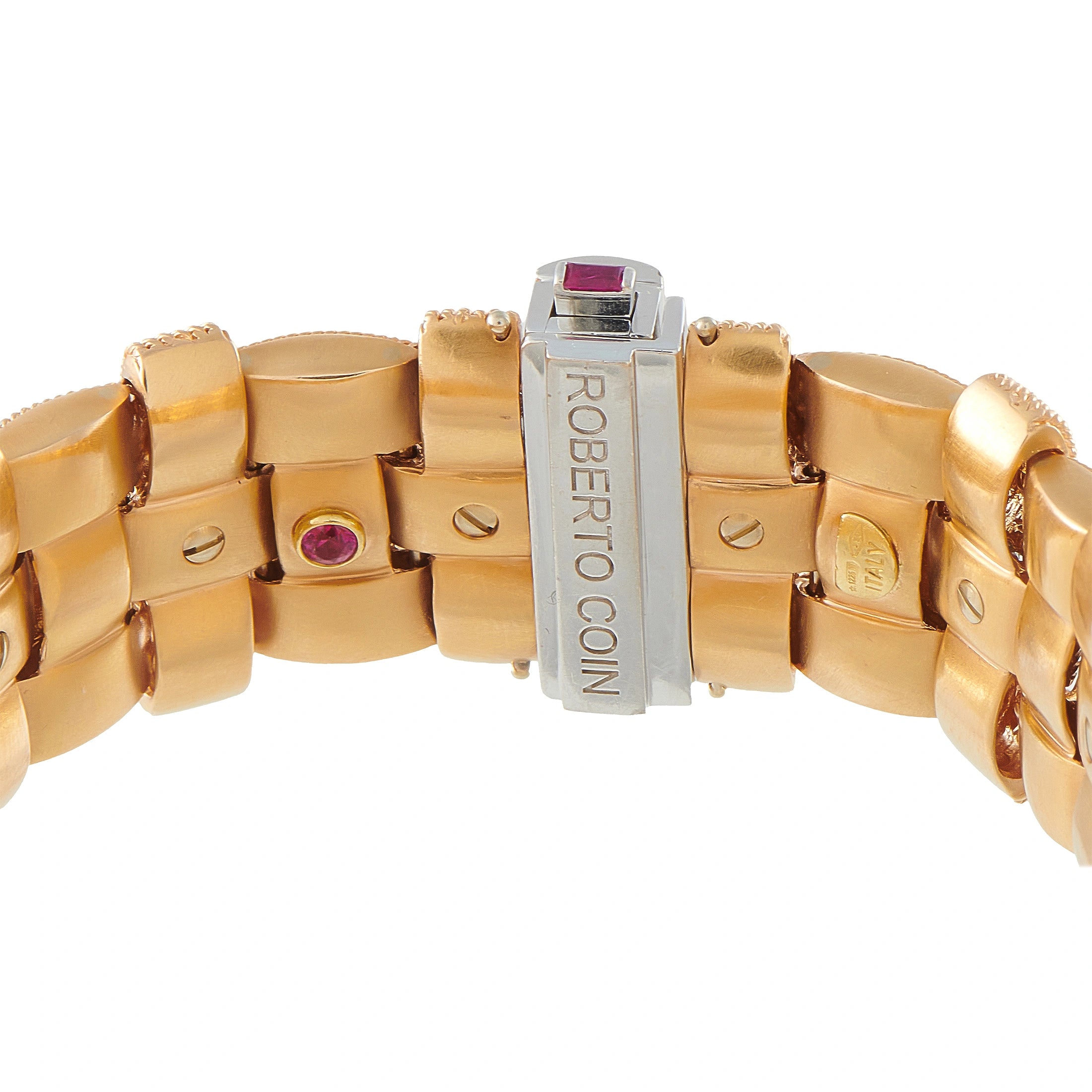 Rose gold bracelet clasp engraved Roberto Coin with ruby and diamond accents