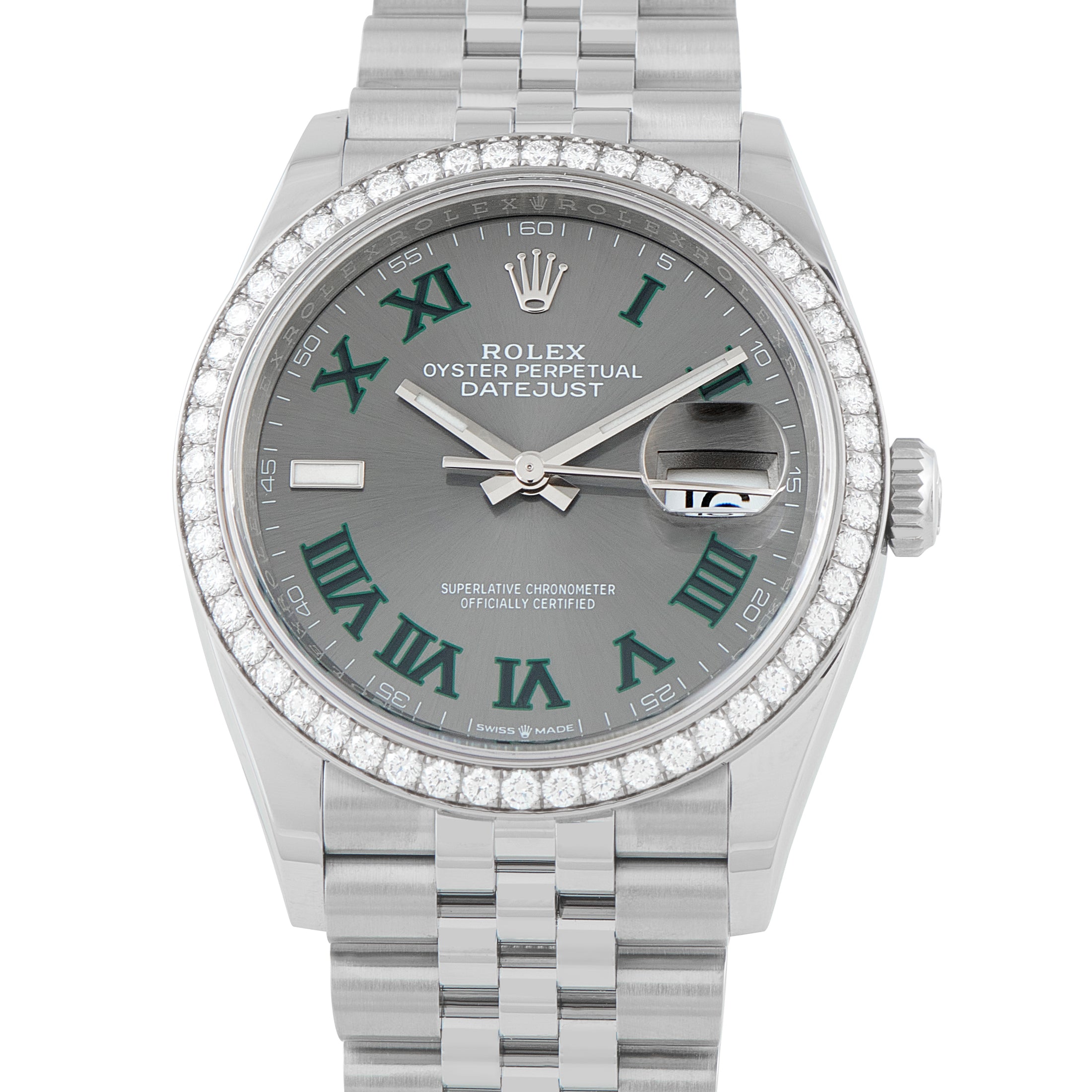 Rolex Datejust 36 Wimbledon Dial Diamond Bezel Jubilee Watch