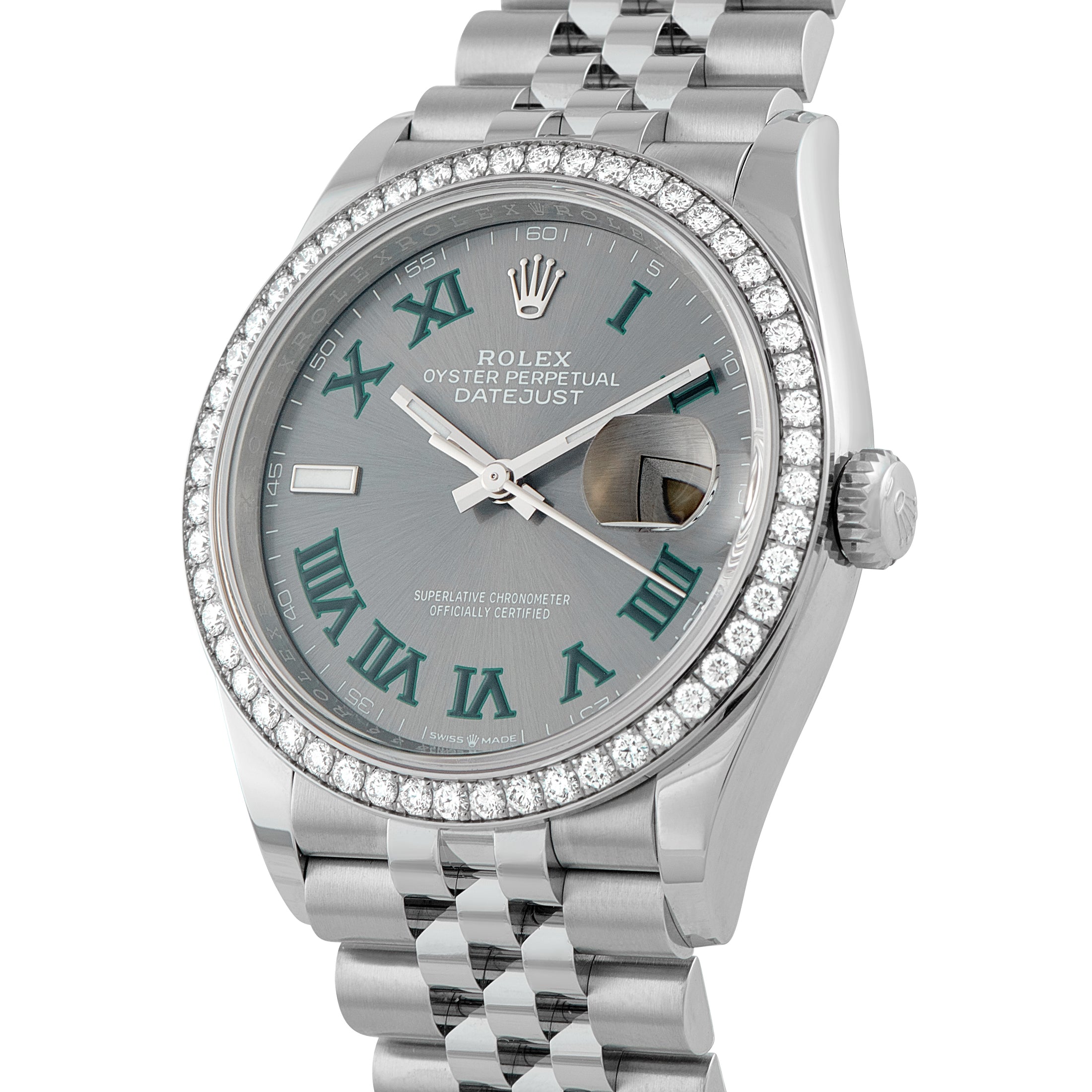 Rolex Datejust 36 Wimbledon Dial Diamond Bezel Jubilee Watch