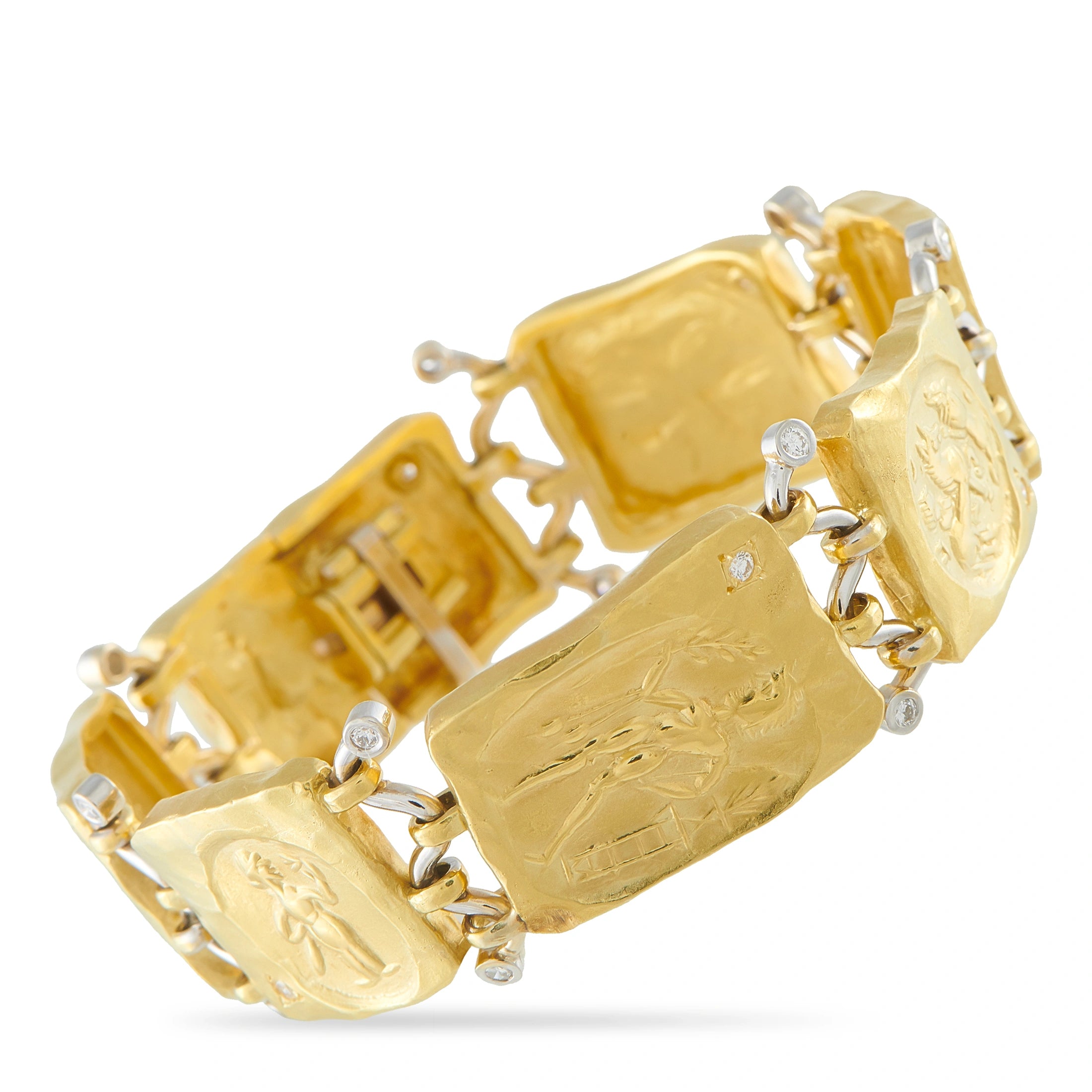 Yellow gold bracelet with engraved links and small diamond accents