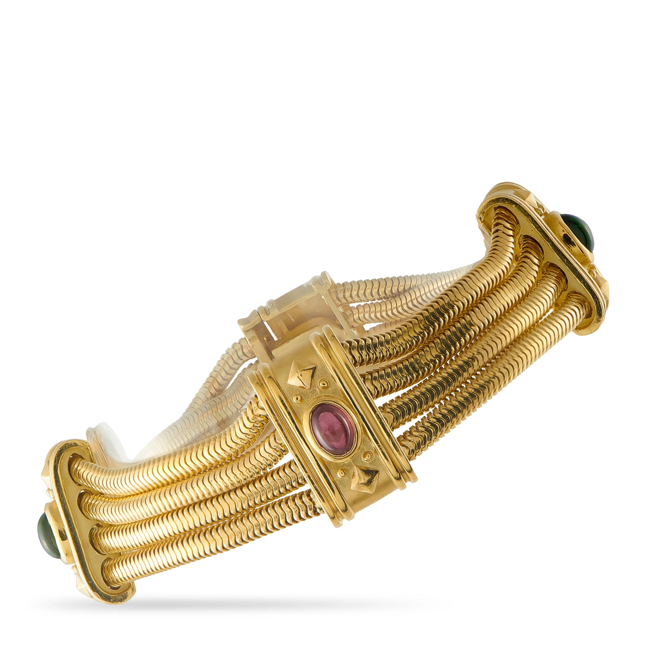18K yellow gold multi-gemstone bracelet with round purple stone and hinged clasp