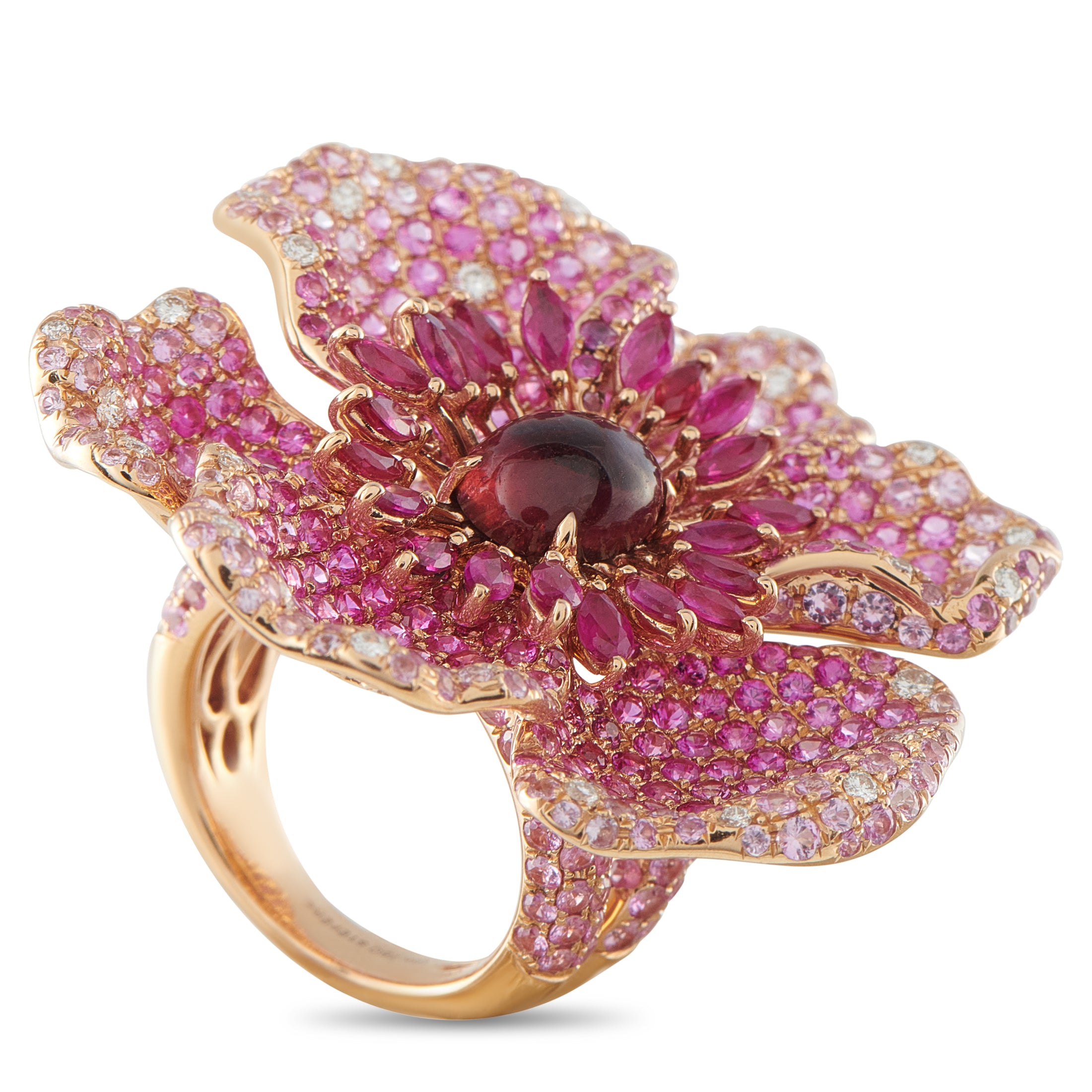 STEFERE 18K Rose Gold 0.47ct Diamond, Tourmaline, Pink Sapphire, and Ruby Flower Ring