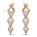 Gold tone drop earrings with diamond pavé and rose quartz triangle panels