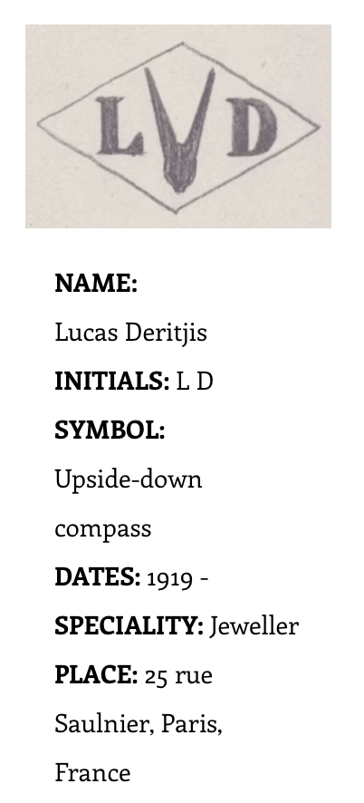 Lucas Deritjis jeweler info card with initials LD and upside-down compass symbol