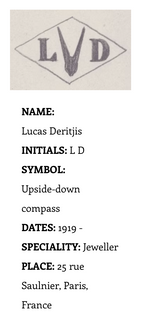 Lucas Deritjis jeweler info card with initials LD and upside-down compass symbol