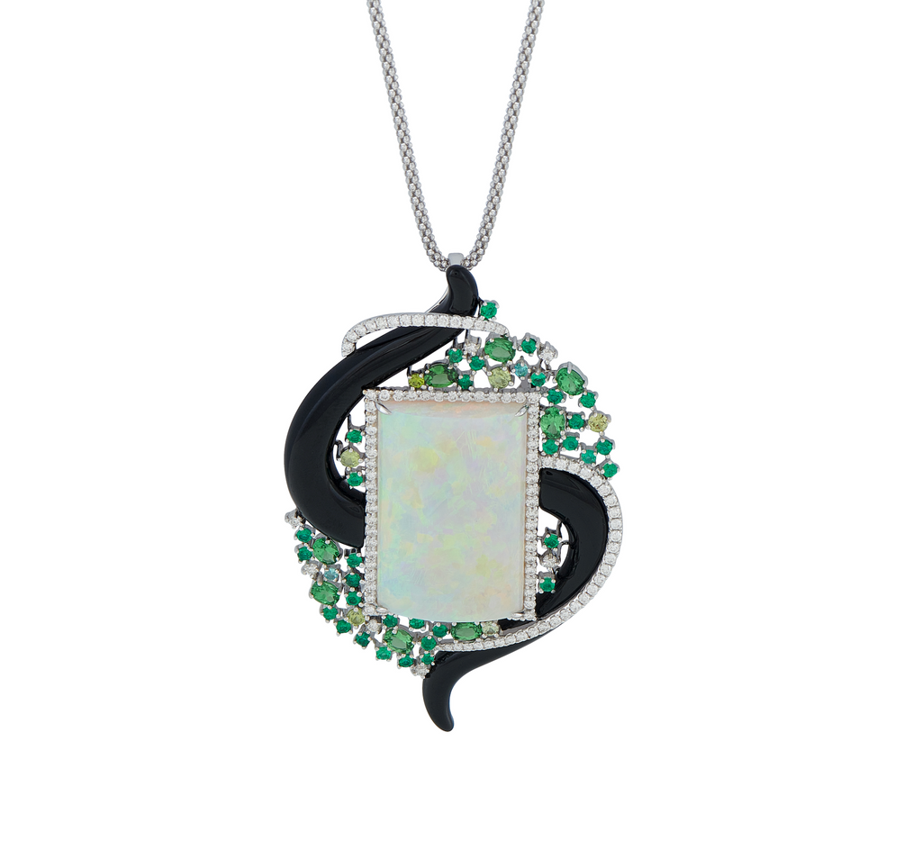 Heart-shaped pendant with square opal center, green stones, and black enamel accents