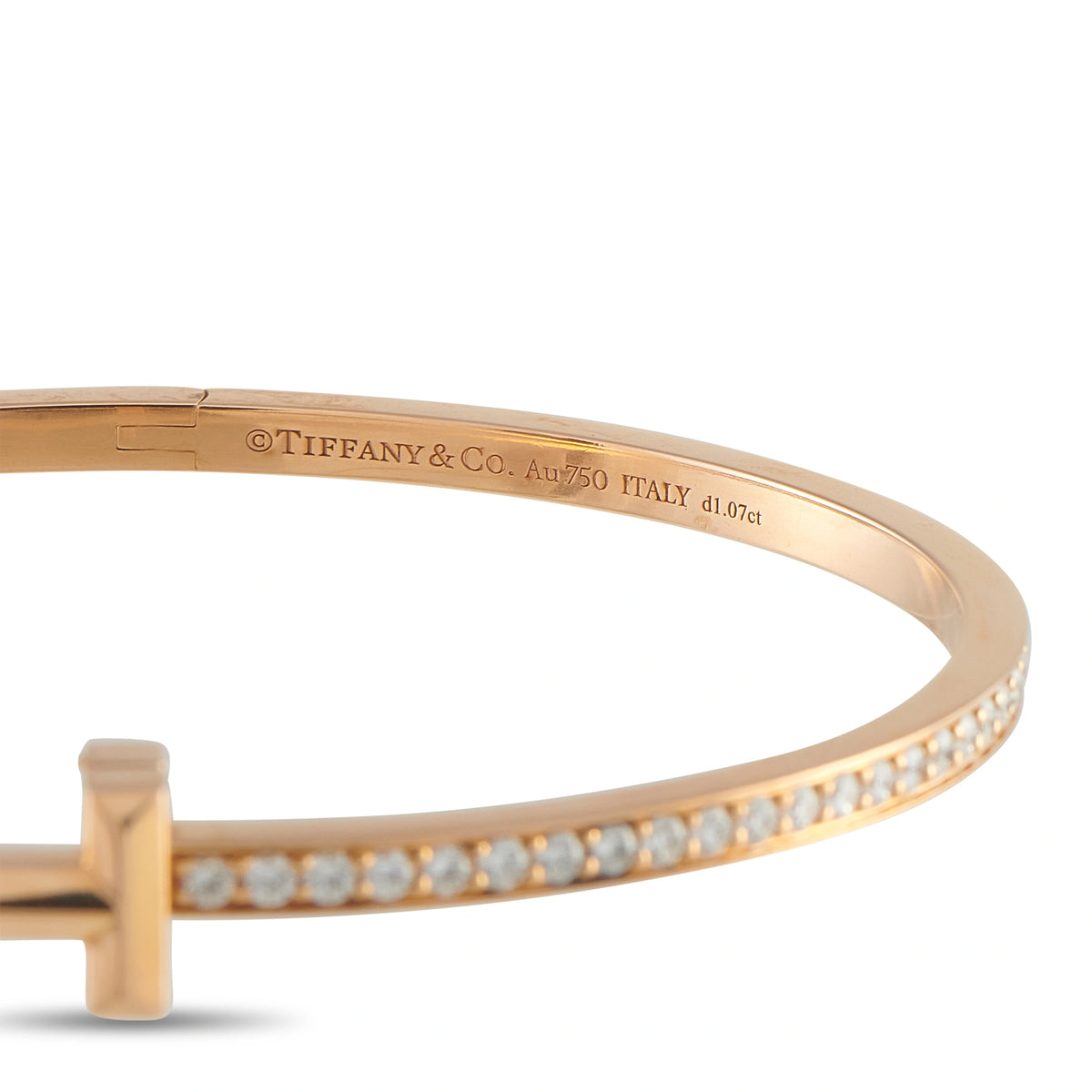 Tiffany & Co. 18K rose gold diamond bangle bracelet with T clasp