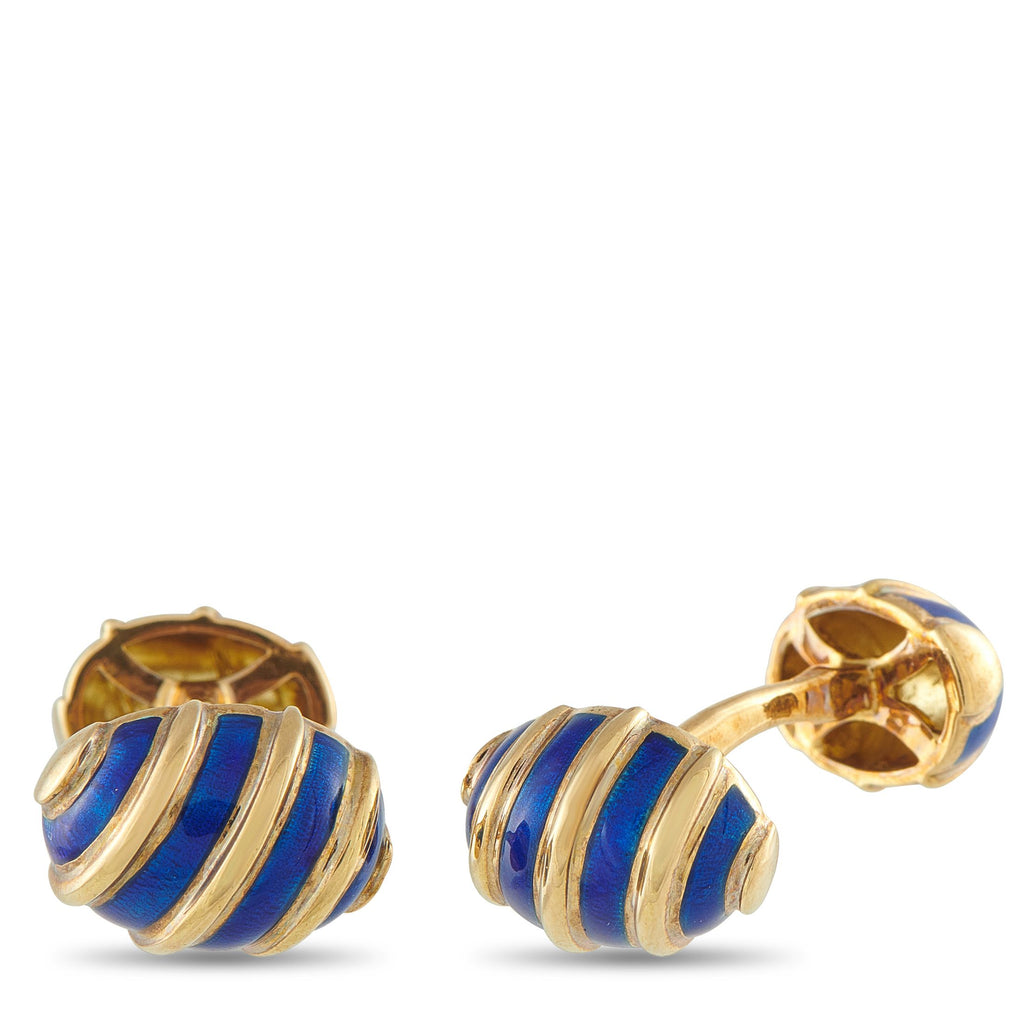 Tiffany & Co.Tiffany & Co. 18K Yellow Gold Enamel Cufflinks #5045 - Add a pop of color to any suited look with these charming Tiffany & Co. cufflinks. Bands of blue enamel are perfectly placed