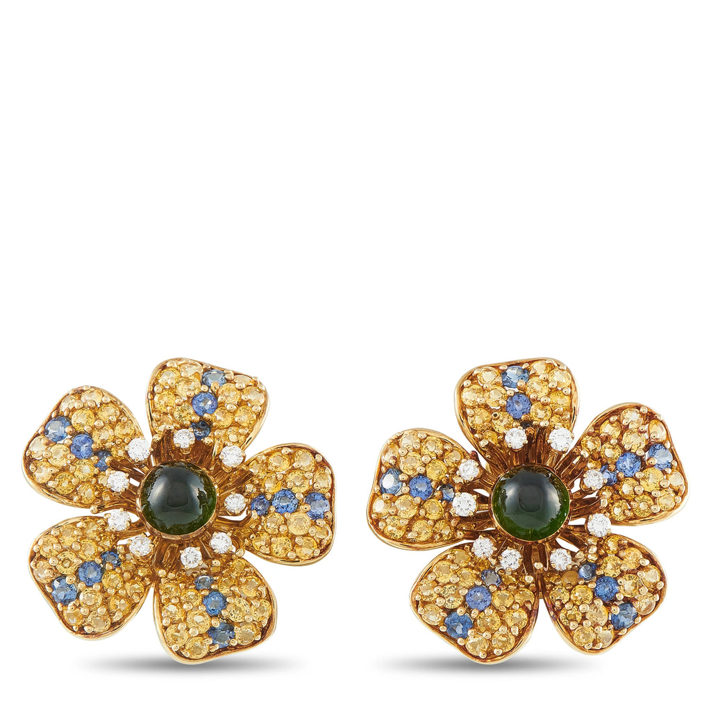 Tiffany & Co. 18K yellow gold flower earrings with blue stones and green cabochon center