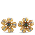 Tiffany & Co. 18K yellow gold flower earrings with blue stones and green cabochon center
