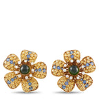 Tiffany & Co. 18K yellow gold flower earrings with blue stones and green cabochon center