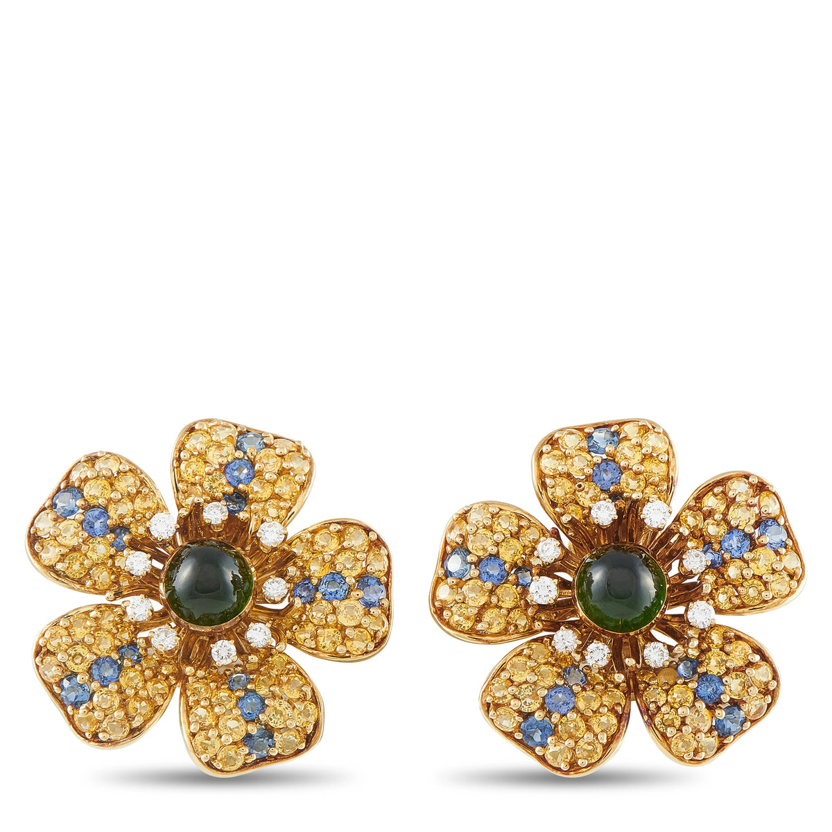 Tiffany & Co. 18K yellow gold flower earrings with blue stones and green cabochon center