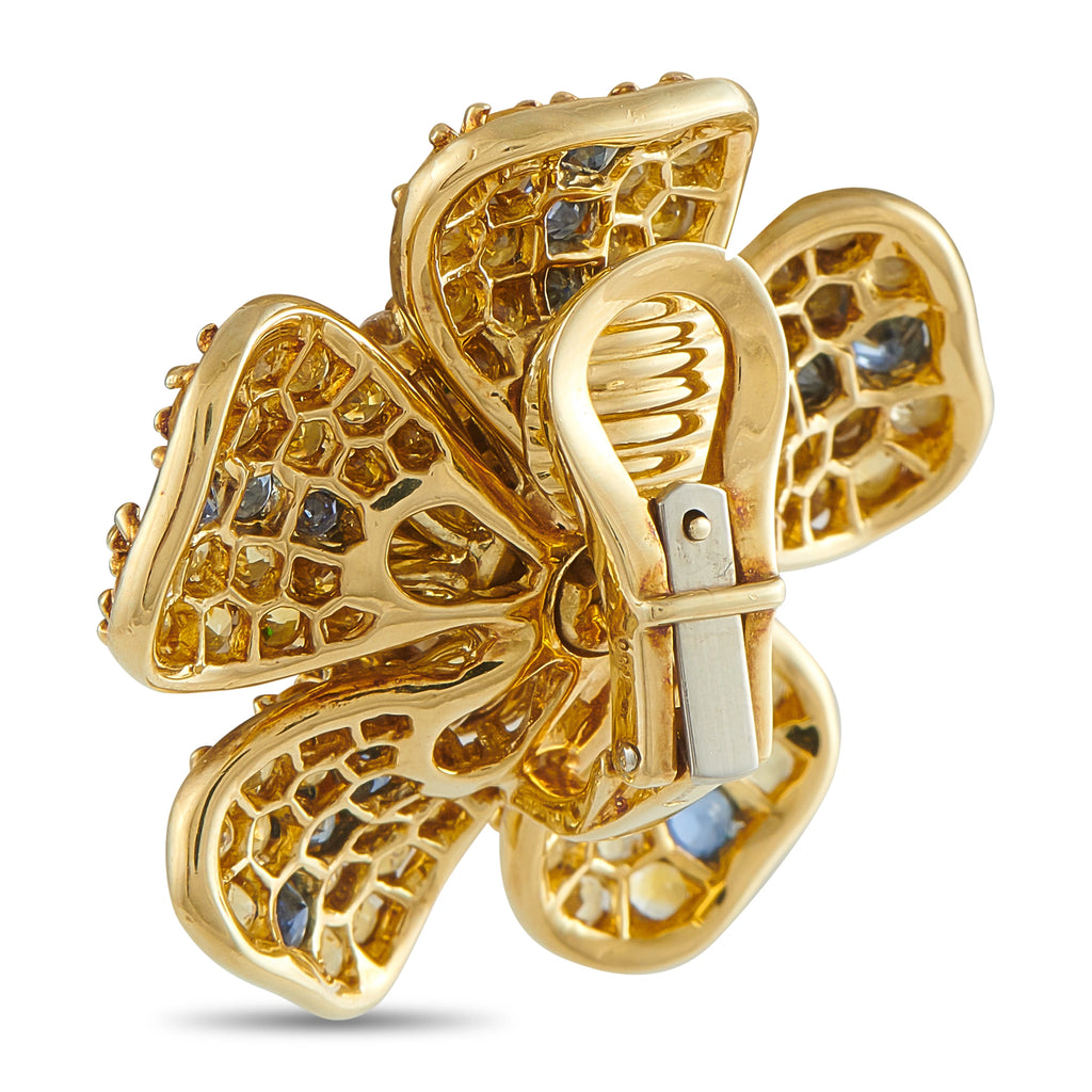 18K yellow gold flower earrings with blue stone petals and green cabochon center