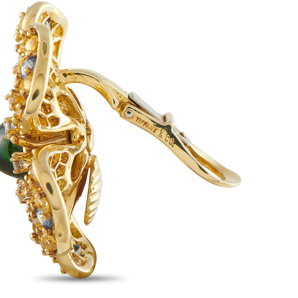18K yellow gold flower earrings with hinged backs and multi-stone petal design