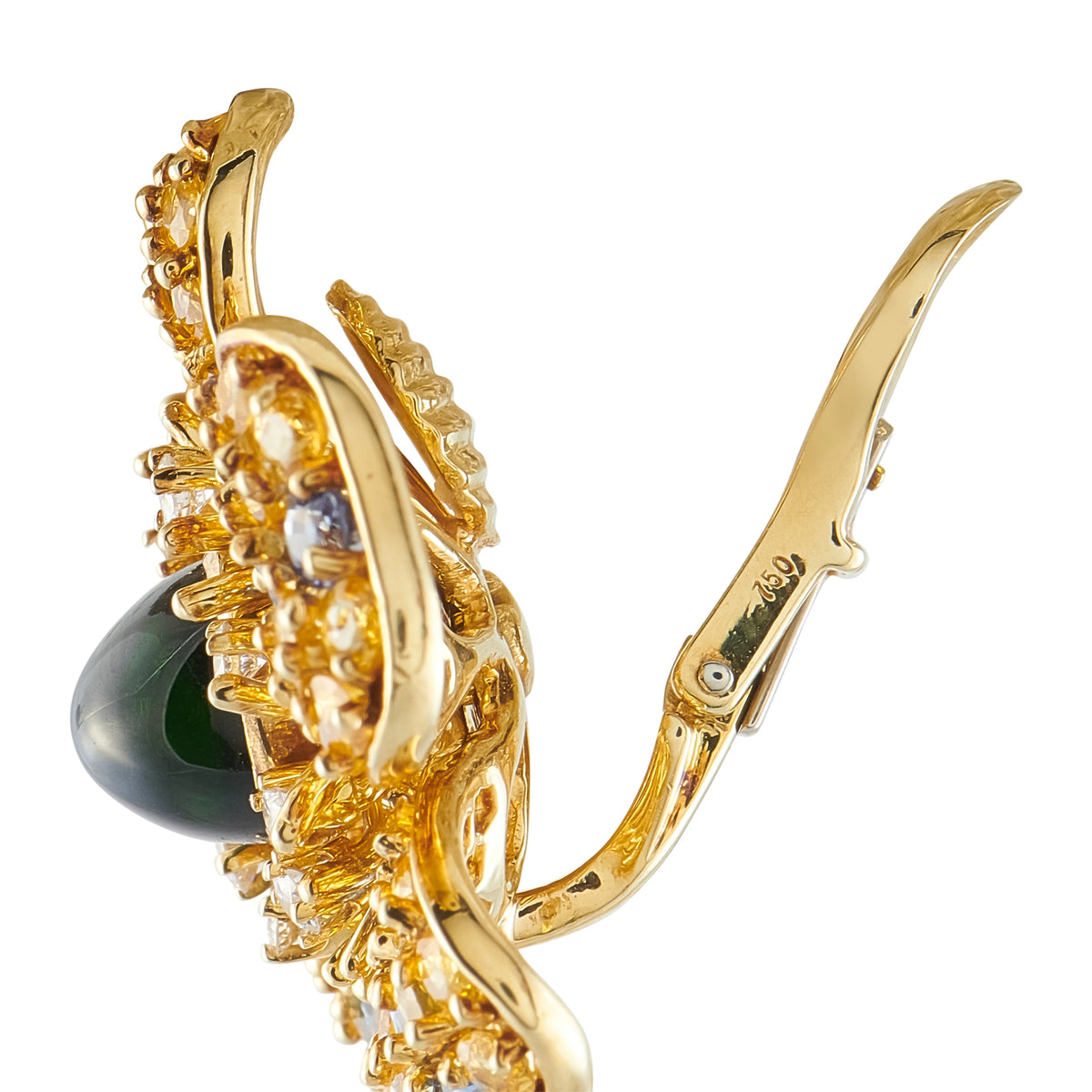 18K yellow gold flower earrings with green cabochon and blue stones in open clip view