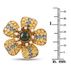 18K yellow gold flower earrings with blue stones and green cabochon center, mm size shown