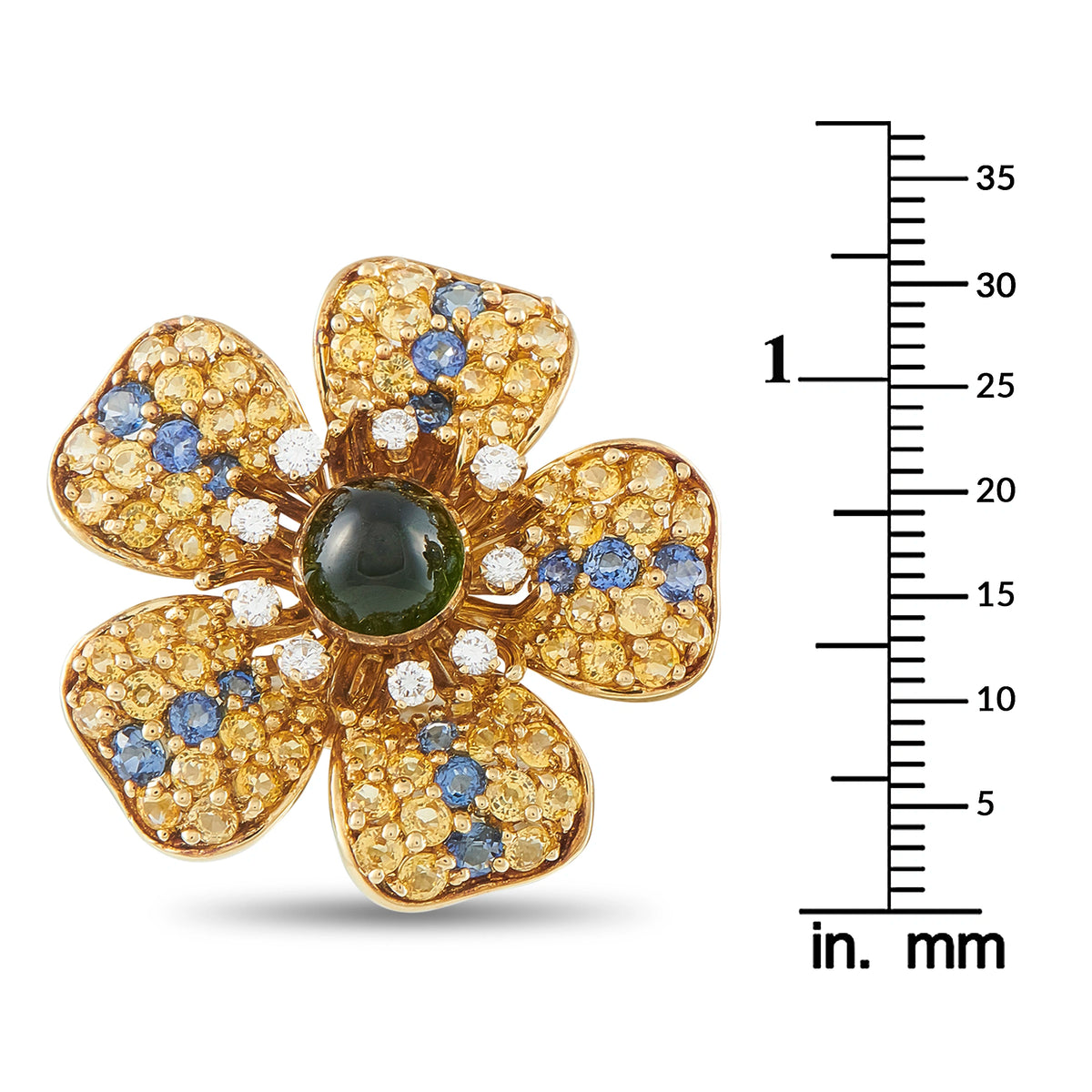 18K yellow gold flower earrings with blue stones and green cabochon center, mm size shown