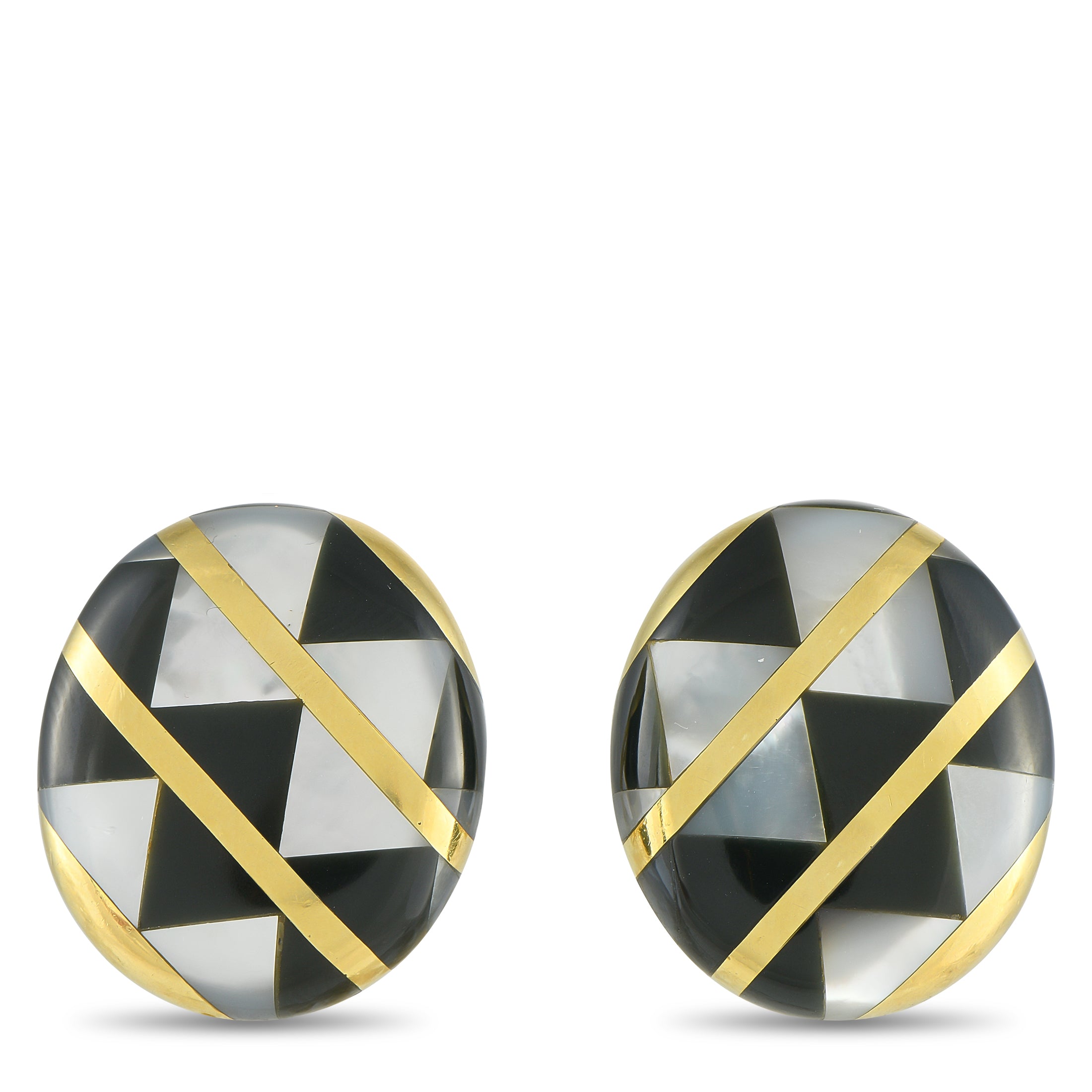 Tiffany & Co. 18K Yellow Gold Onyx and Mother of Pearl Clip-On Earrings – A modern, geometric design makes these Tiffany & Co