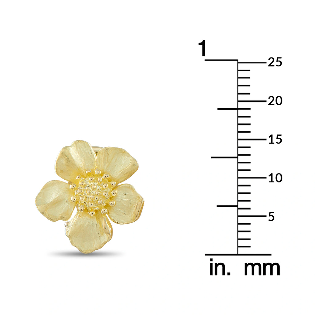 Dogwood flower earrings in 18K yellow gold, shown next to size ruler
