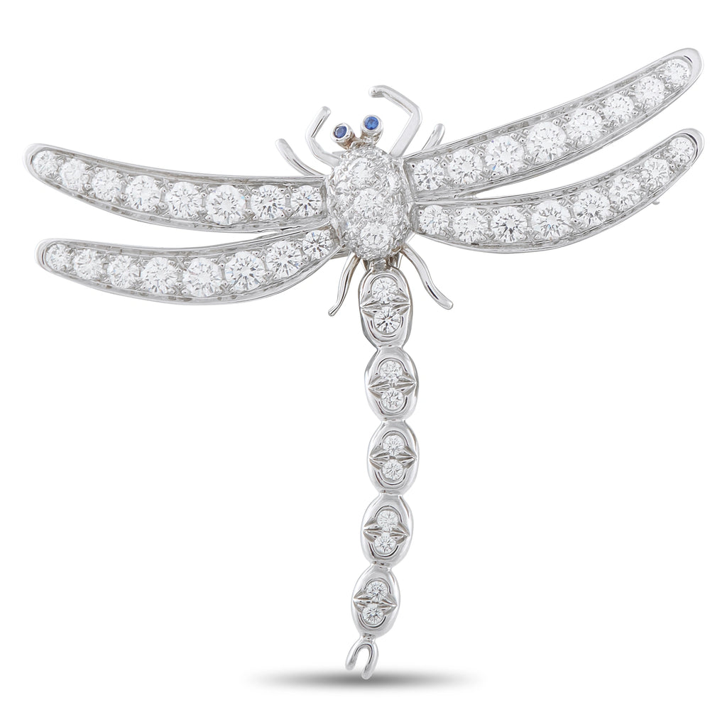 Tiffany & Co. platinum diamond dragonfly brooch with blue accent eye and dangling drop
