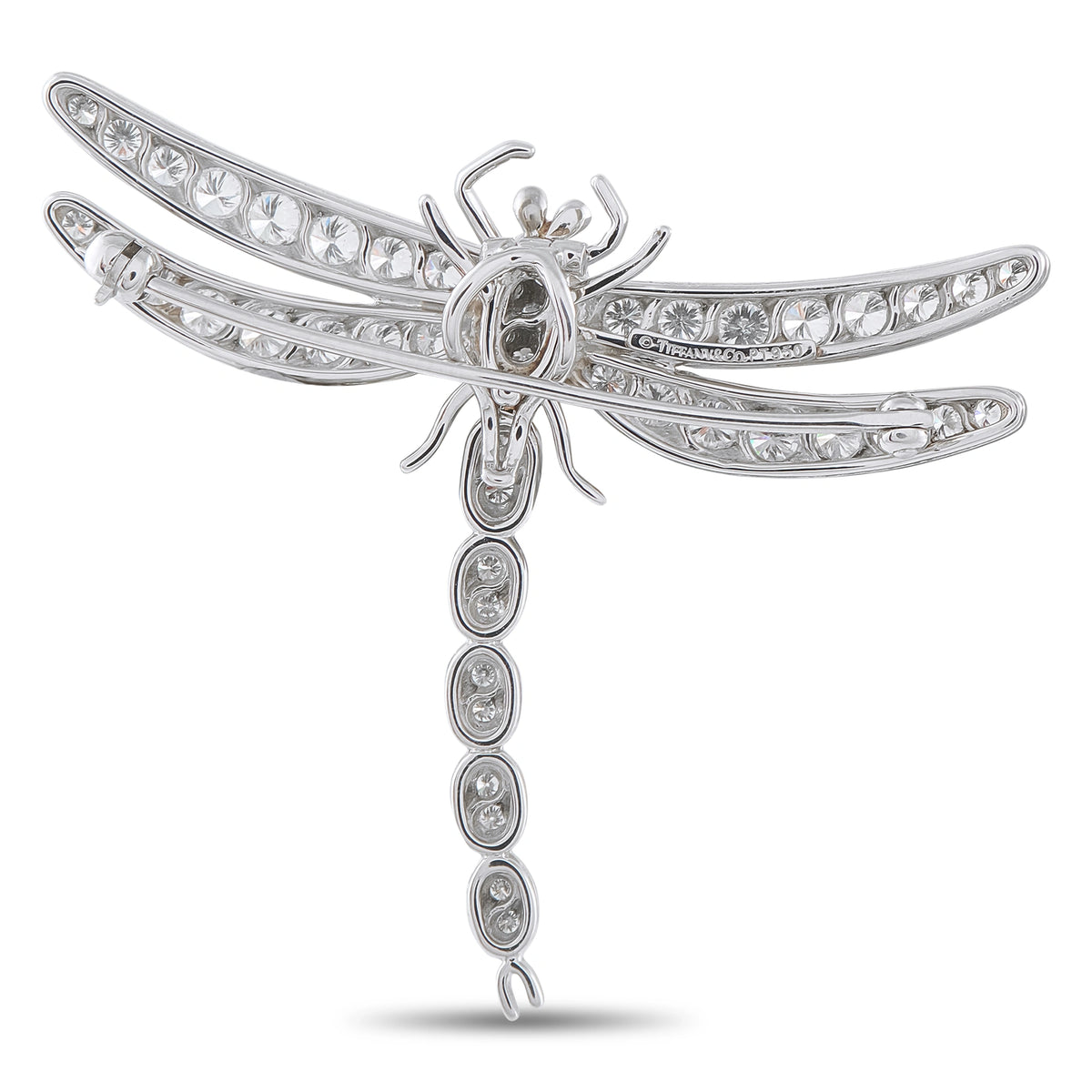 Tiffany & Co. platinum diamond dragonfly brooch side view with detailed wing diamonds