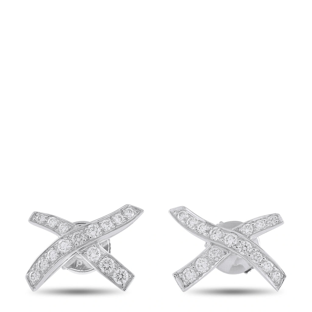 Platinum diamond X-shaped stud earrings with cross-over design