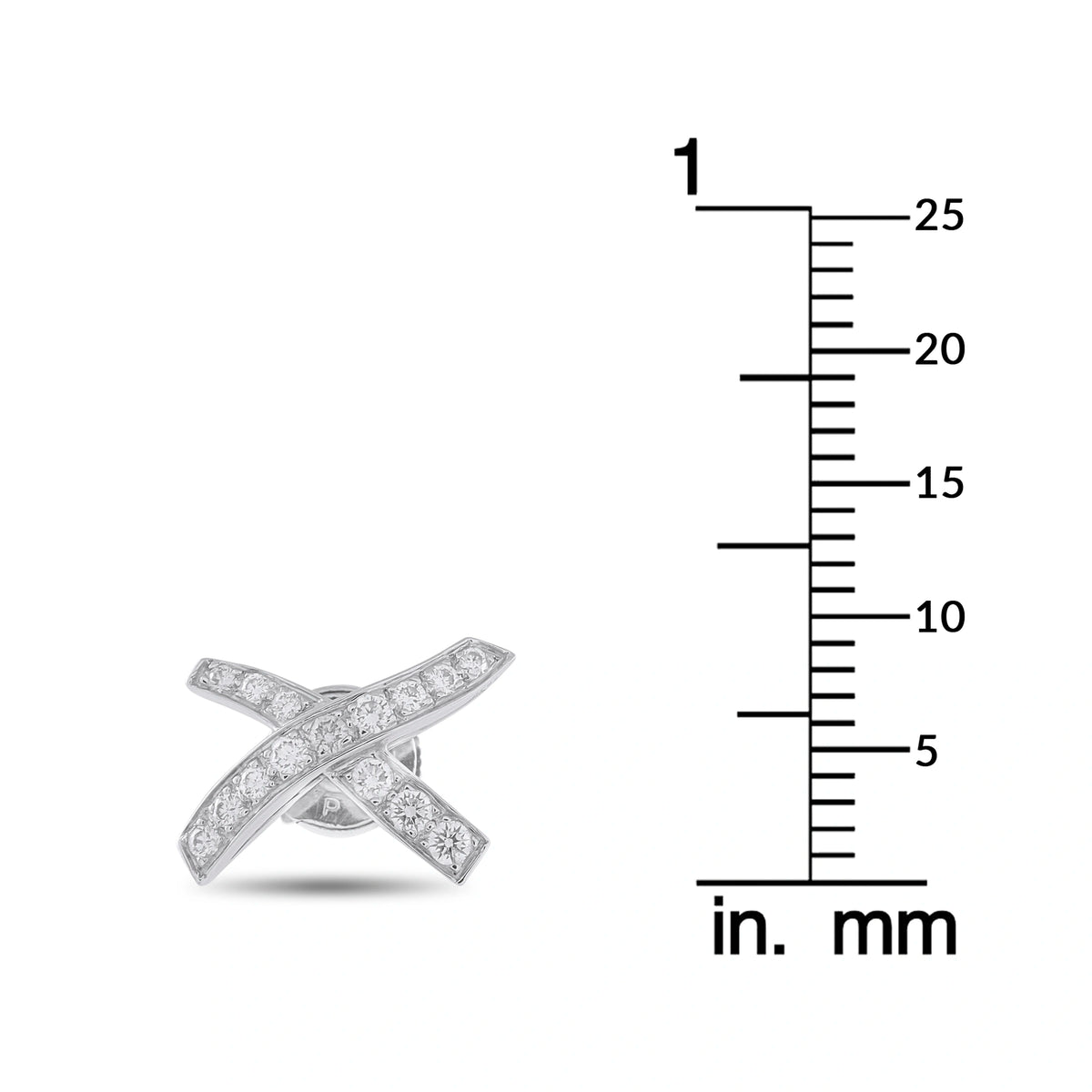 Platinum diamond X stud earrings with size scale in inches and mm