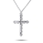 Platinum diamond cross pendant with engraved detailing and stone border
