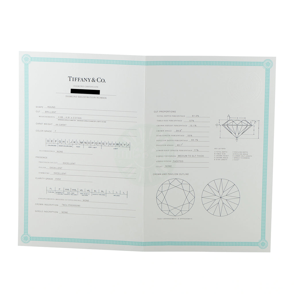 Tiffany & Co. certificate document with diamond diagrams and specifications