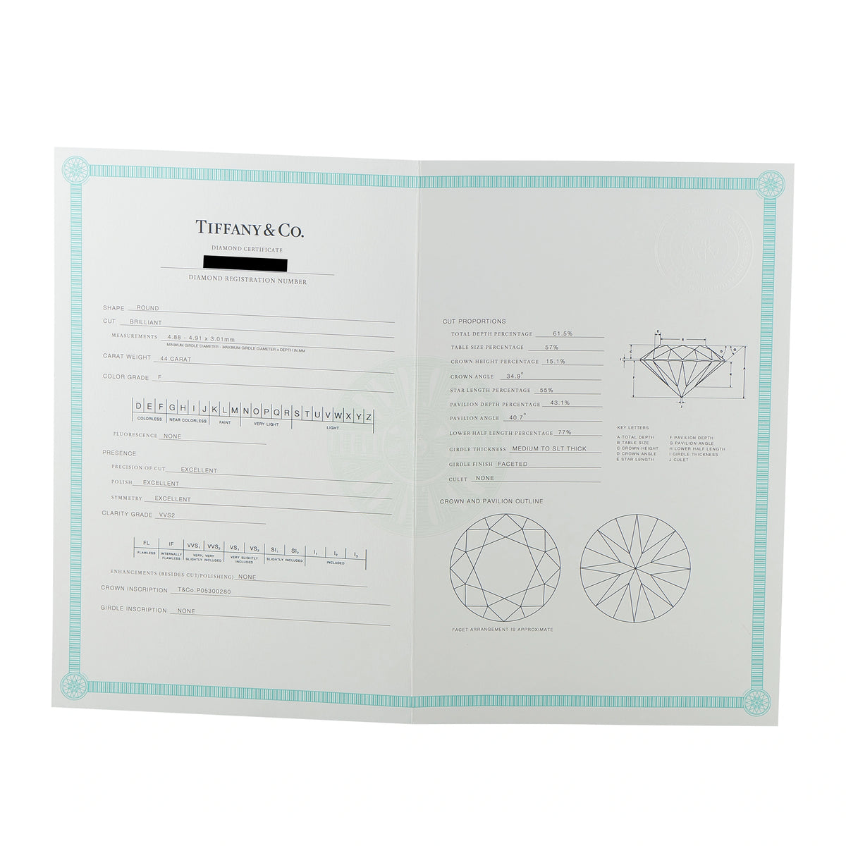 Tiffany & Co. certificate document with diamond diagrams and specifications