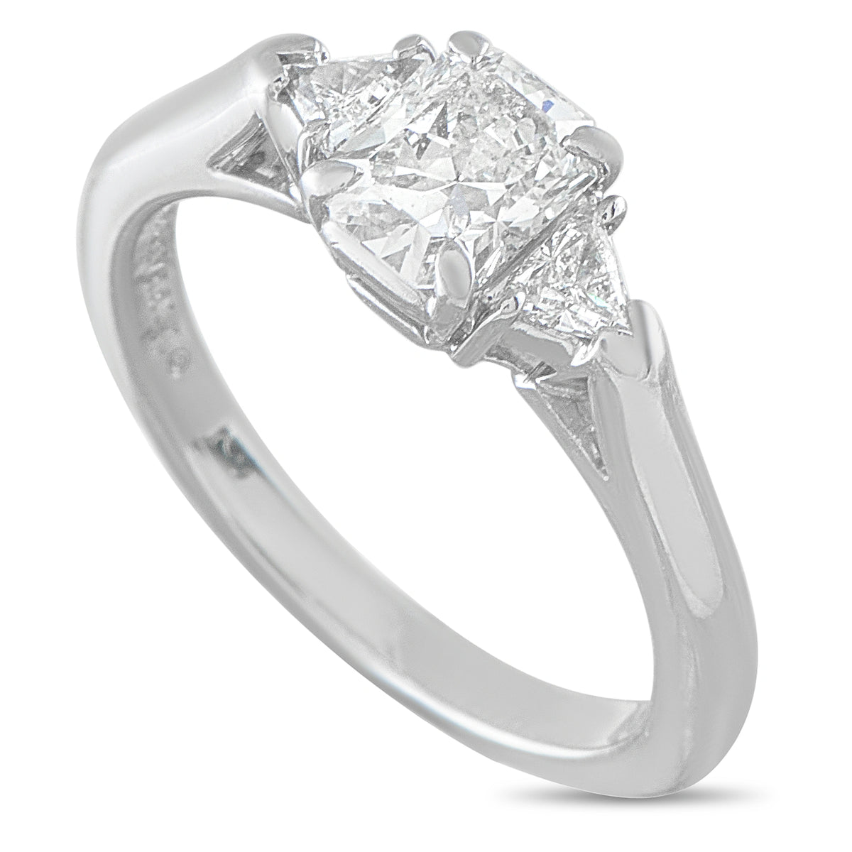 Tiffany & Co. platinum diamond ring with a three-stone setting and prominent center diamond