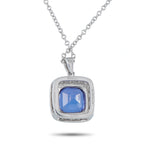 Platinum blue tanzanite square pendant with diamond border on chain