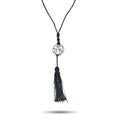 Openwork diamond pendant tassel necklace, silver tone with black cord and tassel