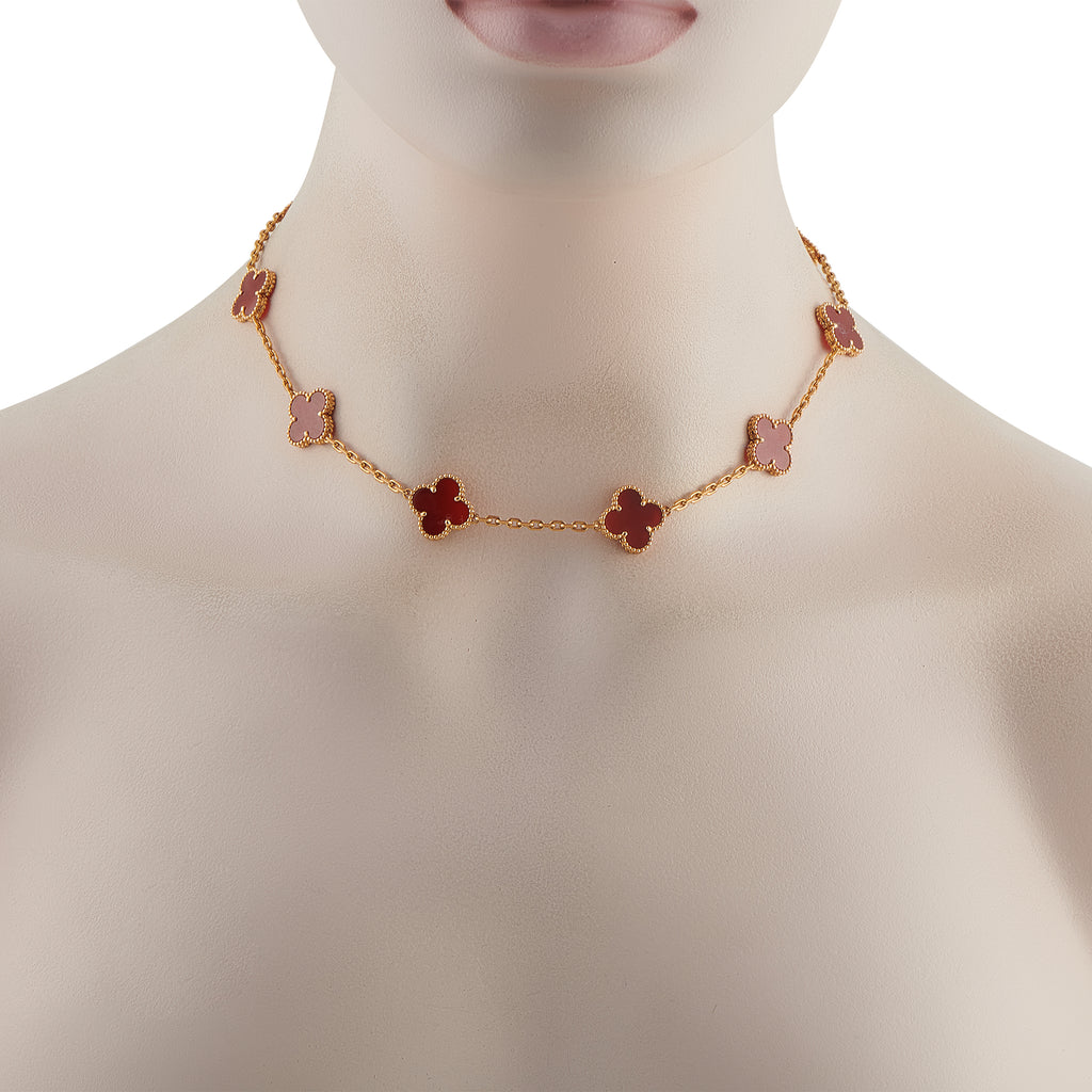 Van Cleef & Arpels Alhambra 18K Yellow Gold Carnelian 10-Motif Necklace
