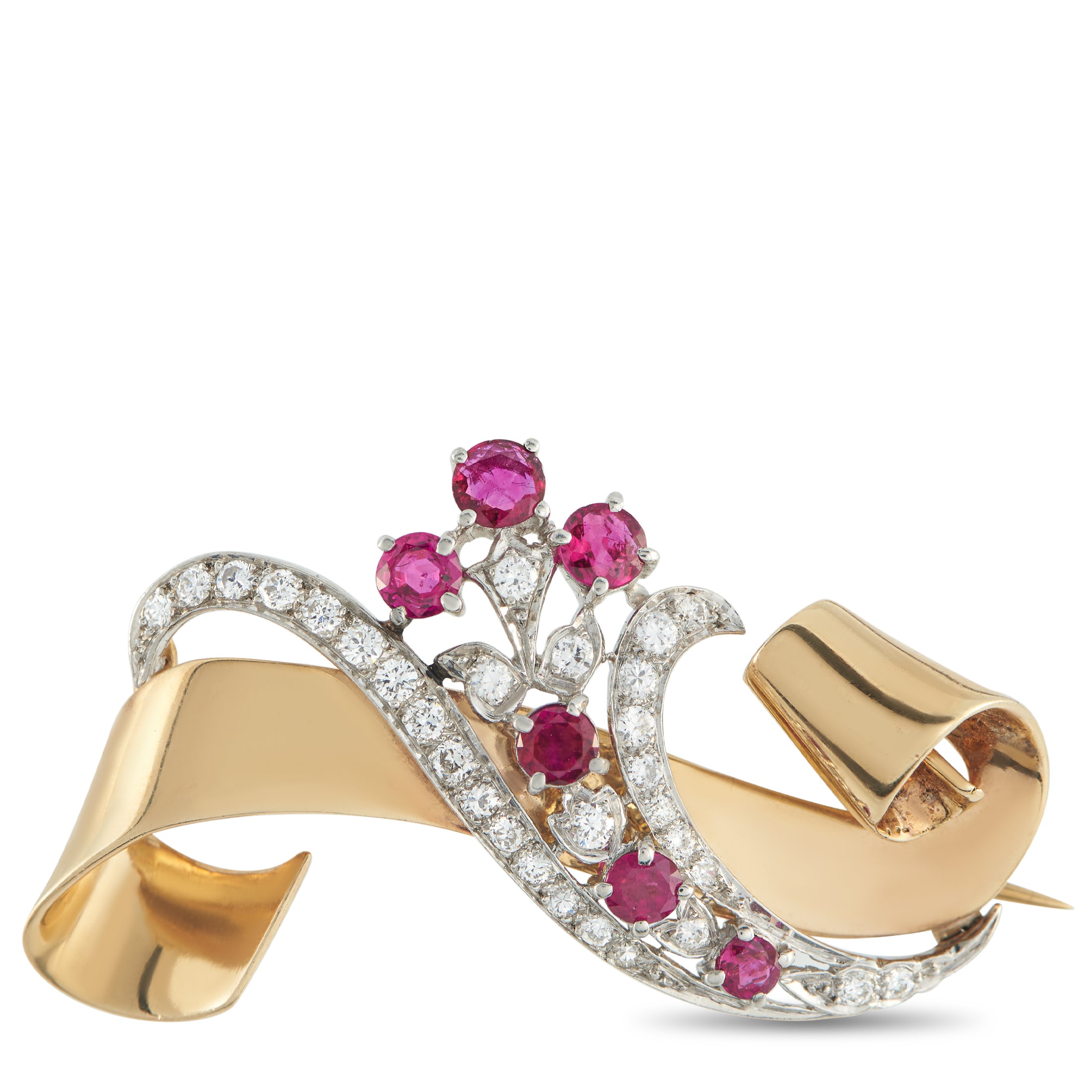 Van Cleef & Arpels Vintage 14K Rose Gold Diamond and Ruby Brooch