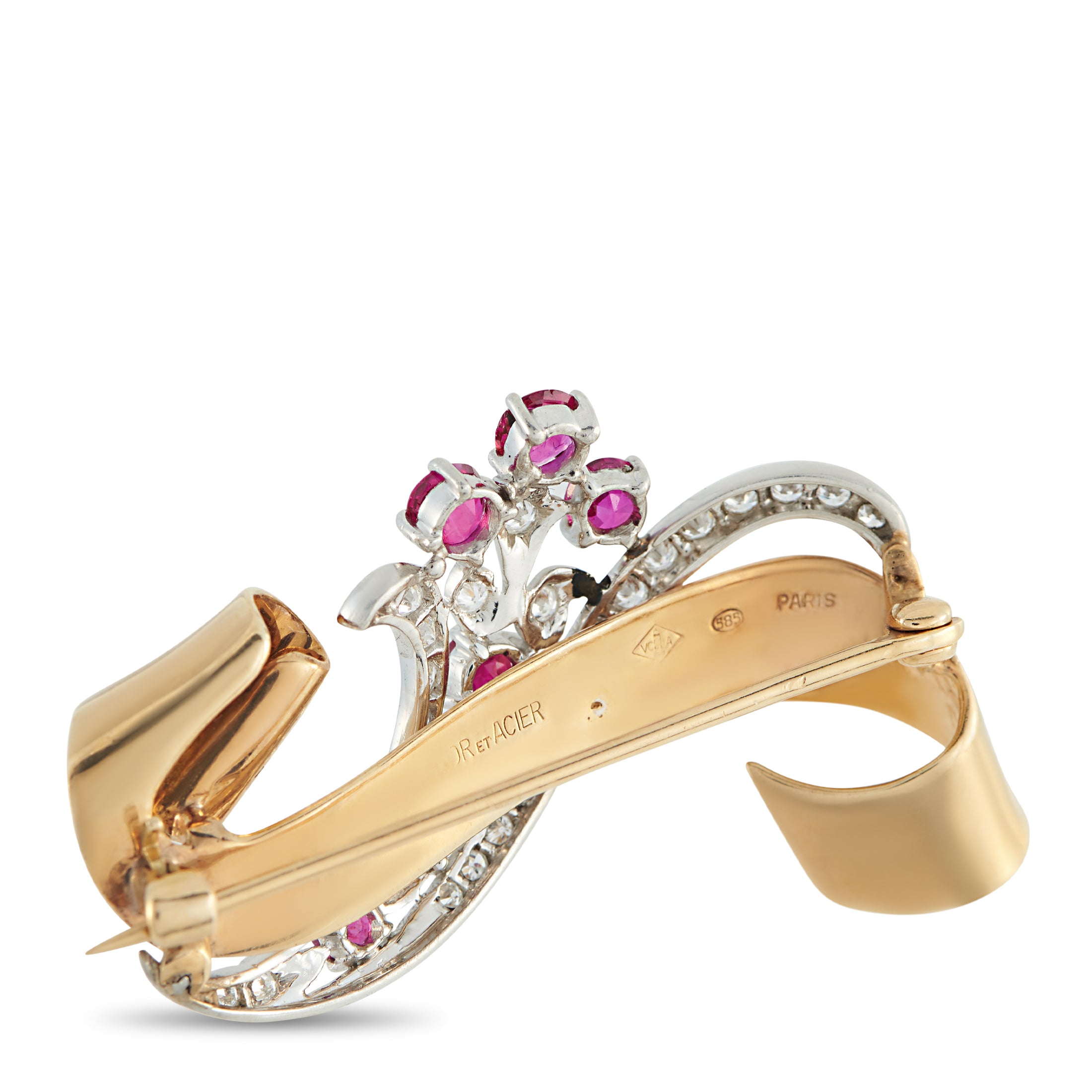 Van Cleef & Arpels Vintage 14K Rose Gold Diamond and Ruby Brooch