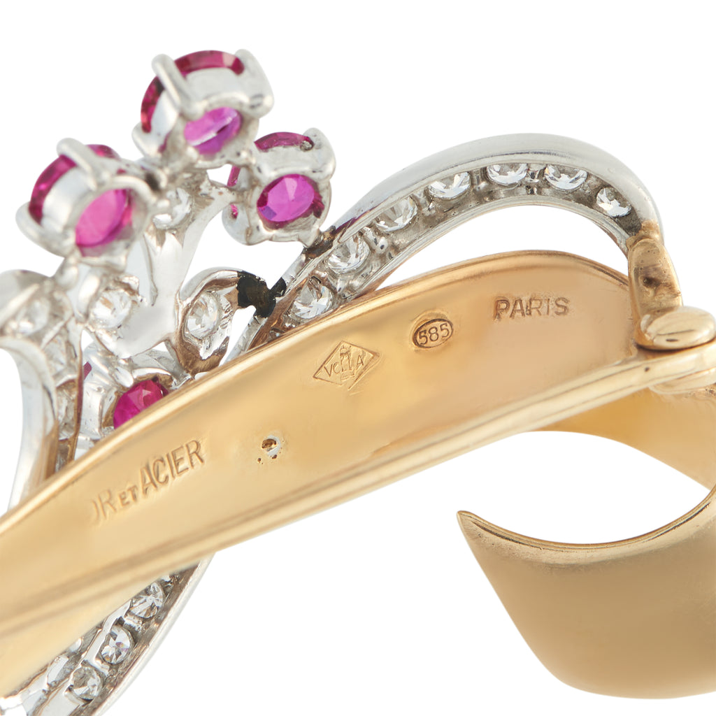 Van Cleef & Arpels Vintage 14K Rose Gold Diamond and Ruby Brooch