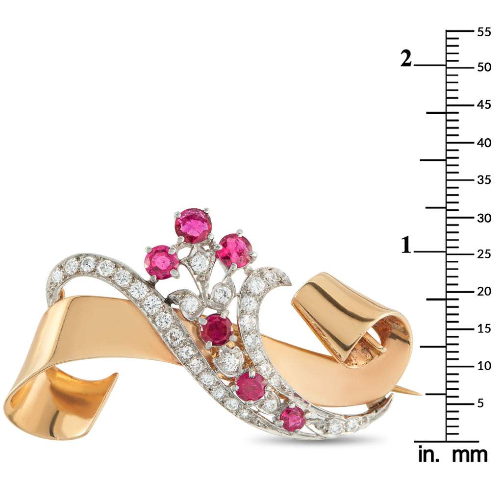 Van Cleef & Arpels Vintage 14K Rose Gold Diamond and Ruby Brooch
