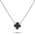 Silver-toned necklace with black clover motif on chain