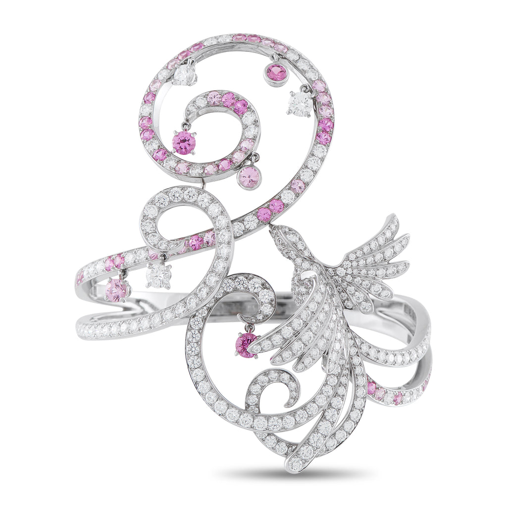 Van Cleef & Arpels 18K White Gold Diamond and Pink Sapphire Birds of Paradise Bracelet