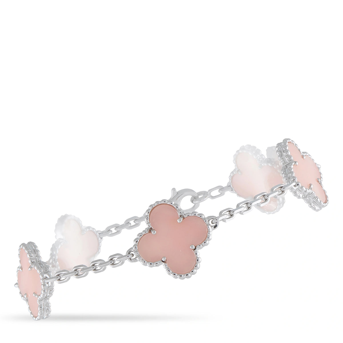 Van Cleef & Arpels 18K white gold pink opal clover link bracelet
