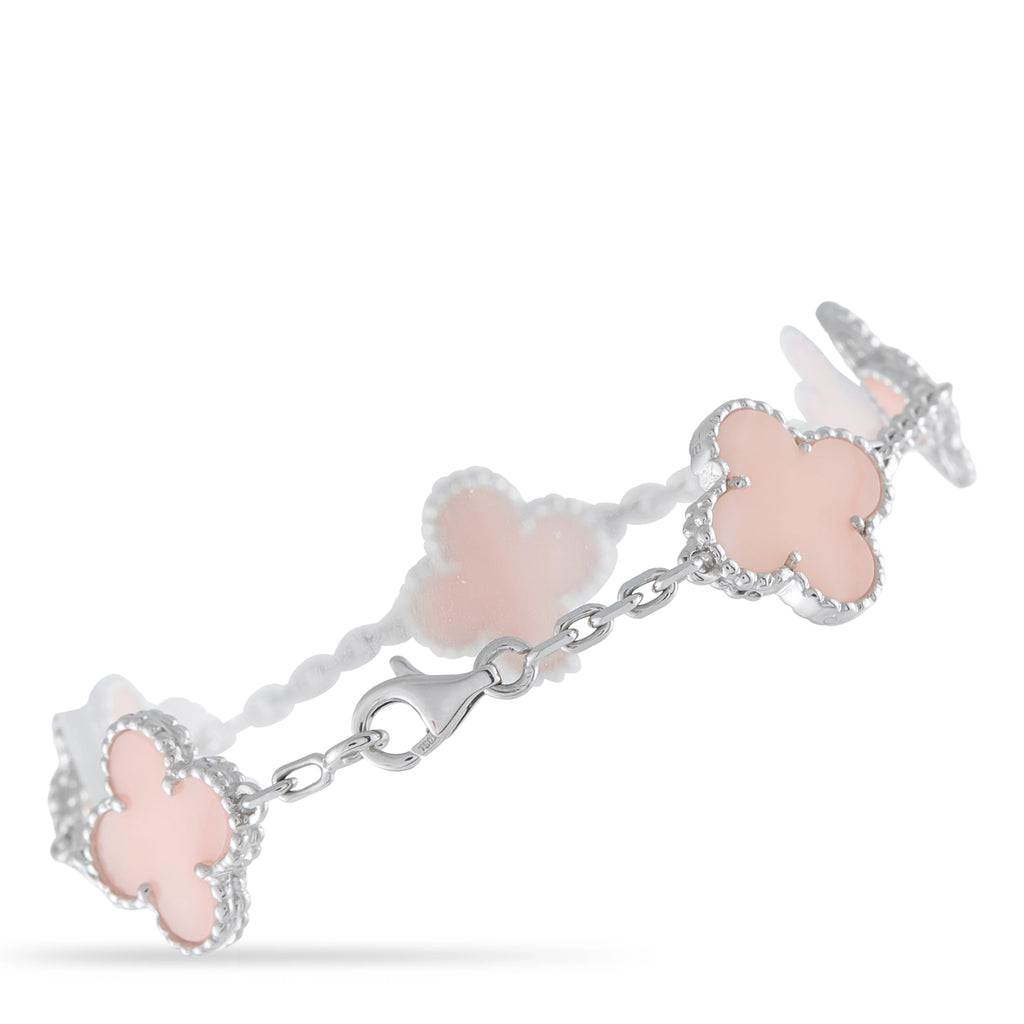 18K white gold pink opal clover link bracelet, side view with sparkling settings