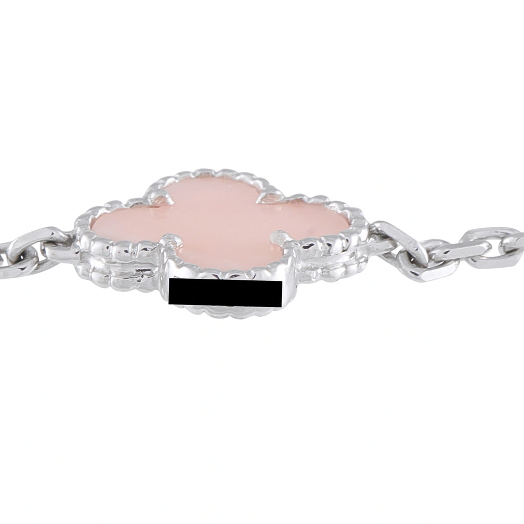 18K white gold pink opal cabochon bracelet detail with scalloped bezel links