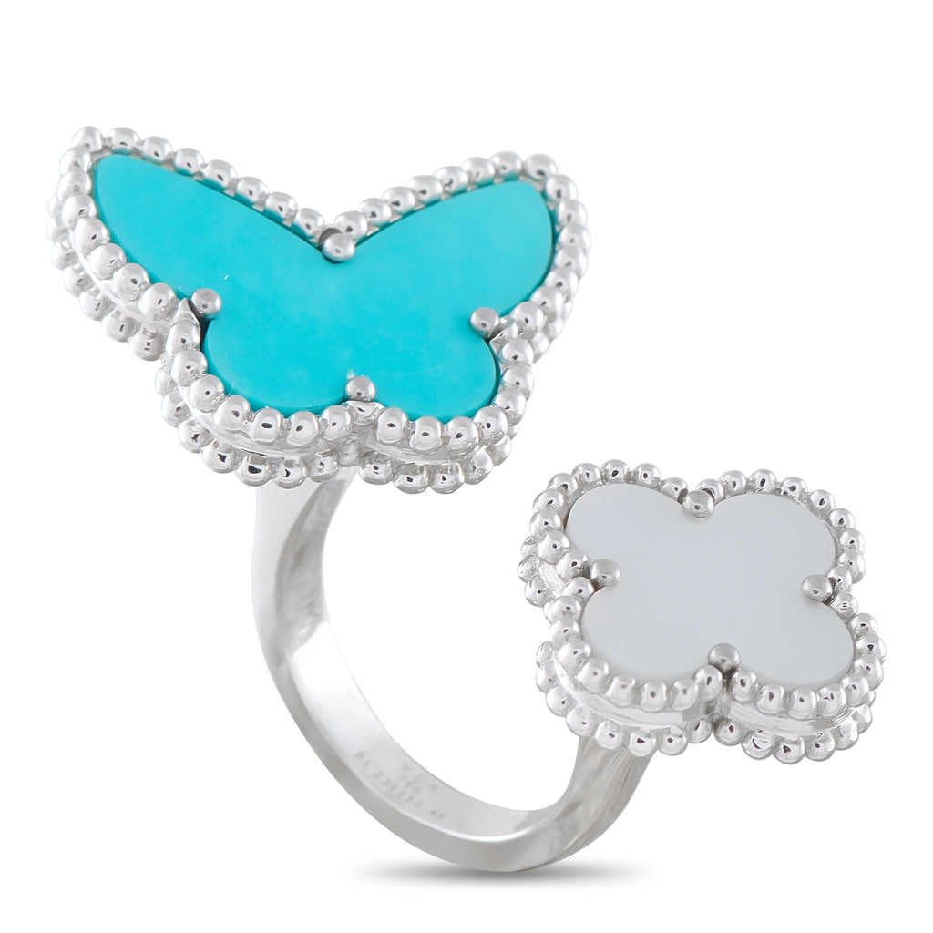 Butterfly finger ring in white gold with turquoise and mother-of-pearl inlay, beaded border
