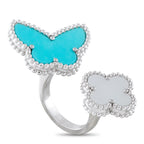 Butterfly finger ring in white gold with turquoise and mother-of-pearl inlay, beaded border