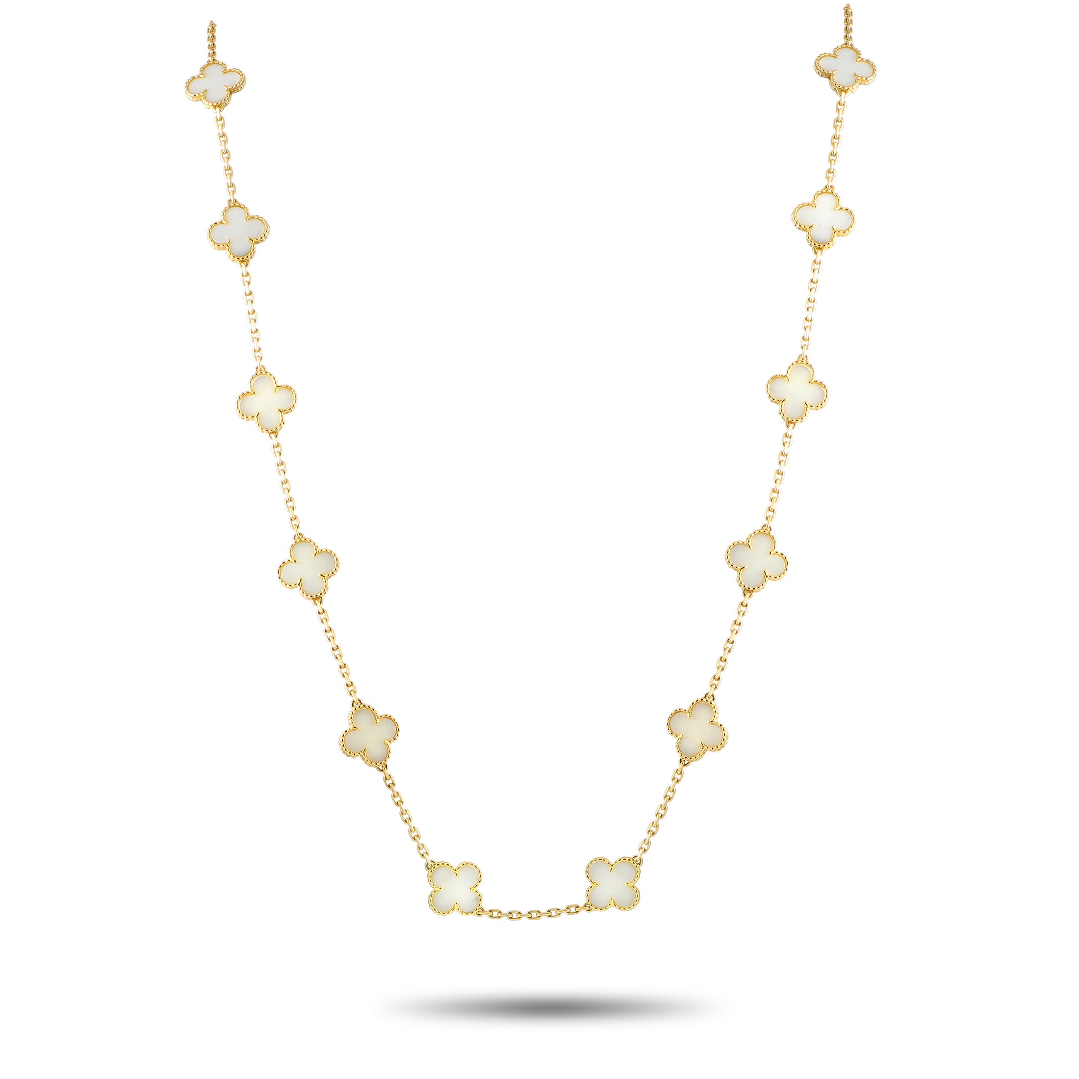 Van Cleef & Arpels Vintage Alhambra 18K Yellow Gold White Coral 20-Motif Necklace – From the Alhambra Collection, this vintag