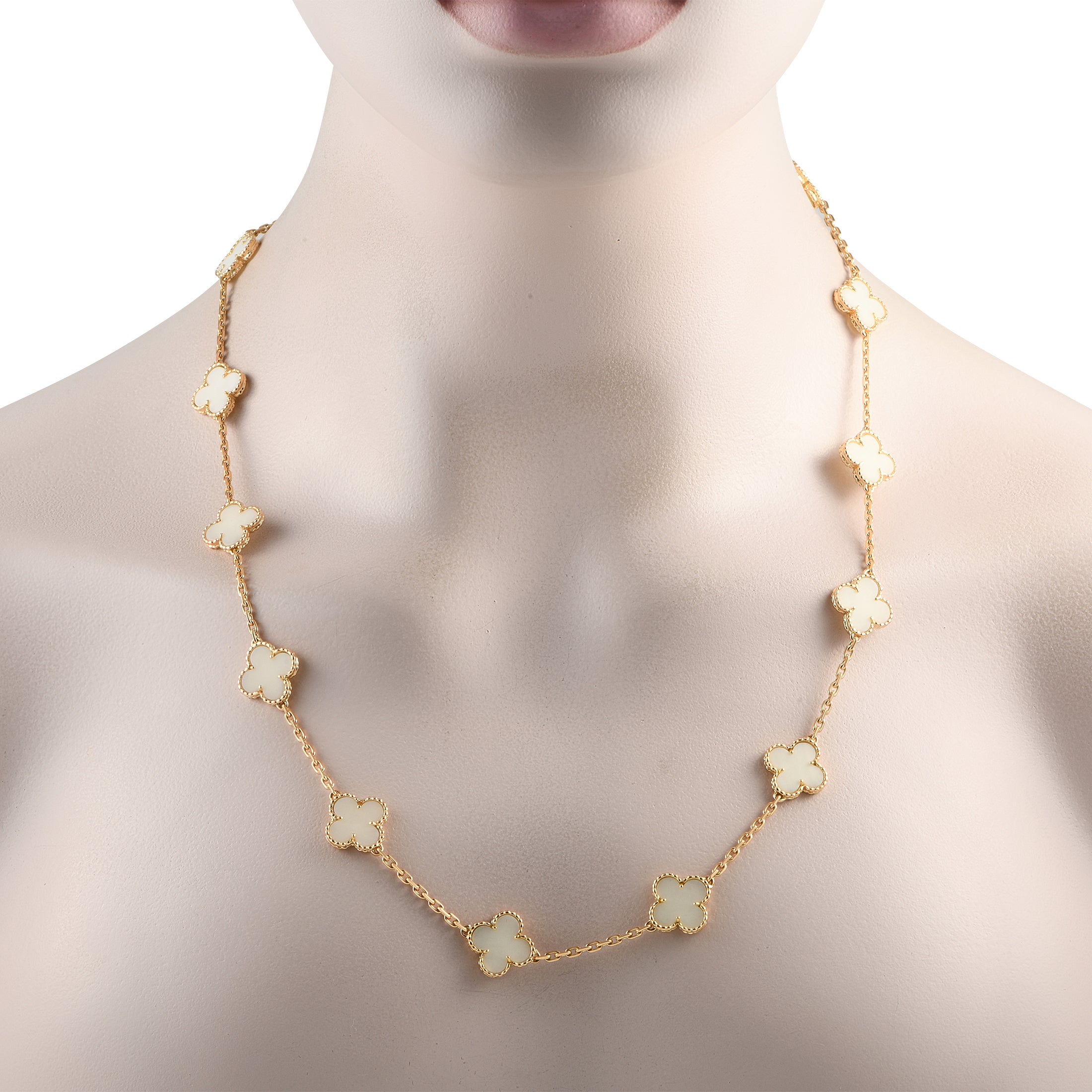 Van Cleef & Arpels Vintage Alhambra 18K Yellow Gold White Coral 20-Motif Necklace