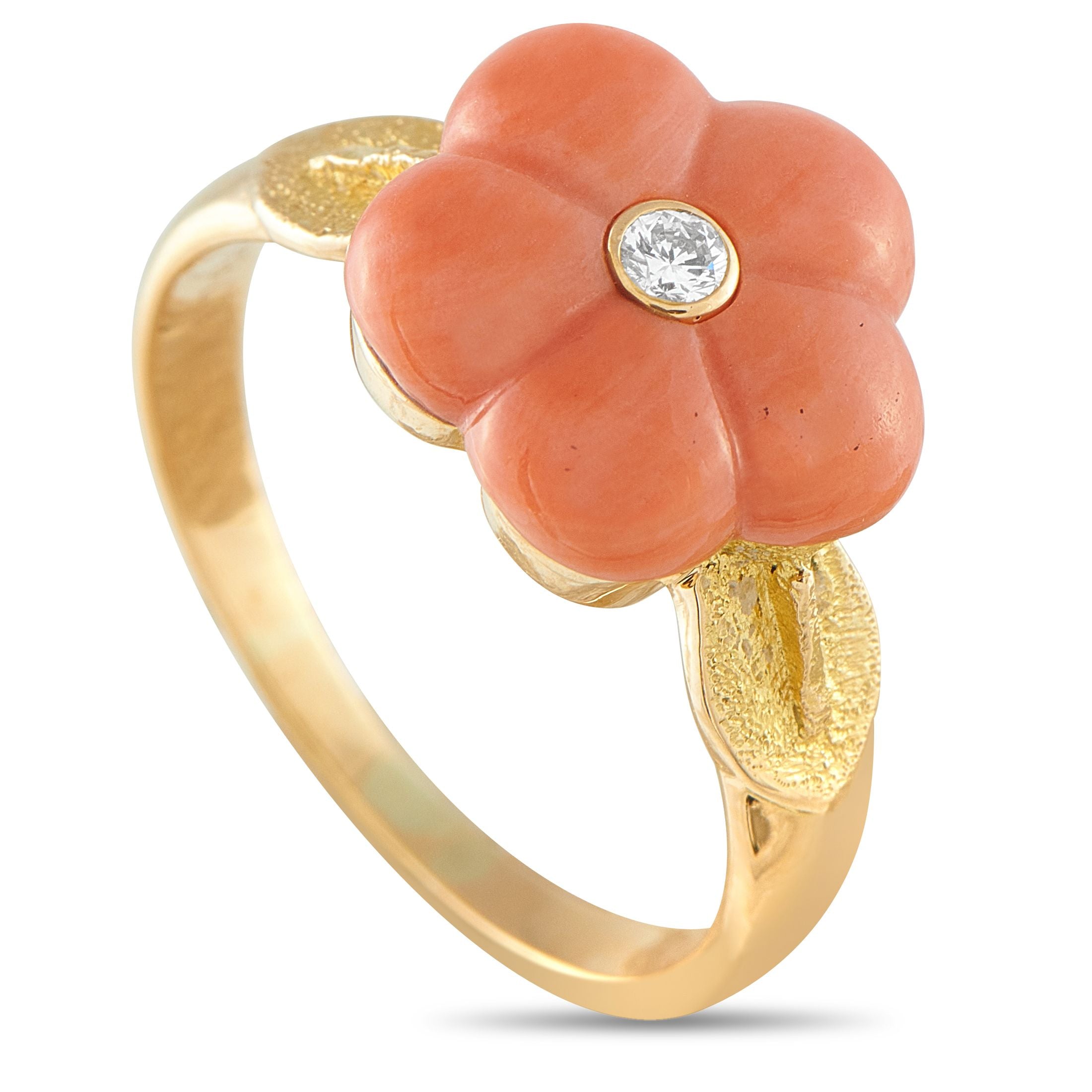 Van Cleef & ArpelsVan Cleef & Arpels 18K Yellow Gold Coral Flower Ring - A distinctly feminine design makes this Van Cleef & Arpels ring endlessly charming. At the center of the 18K Yellow Gold sett