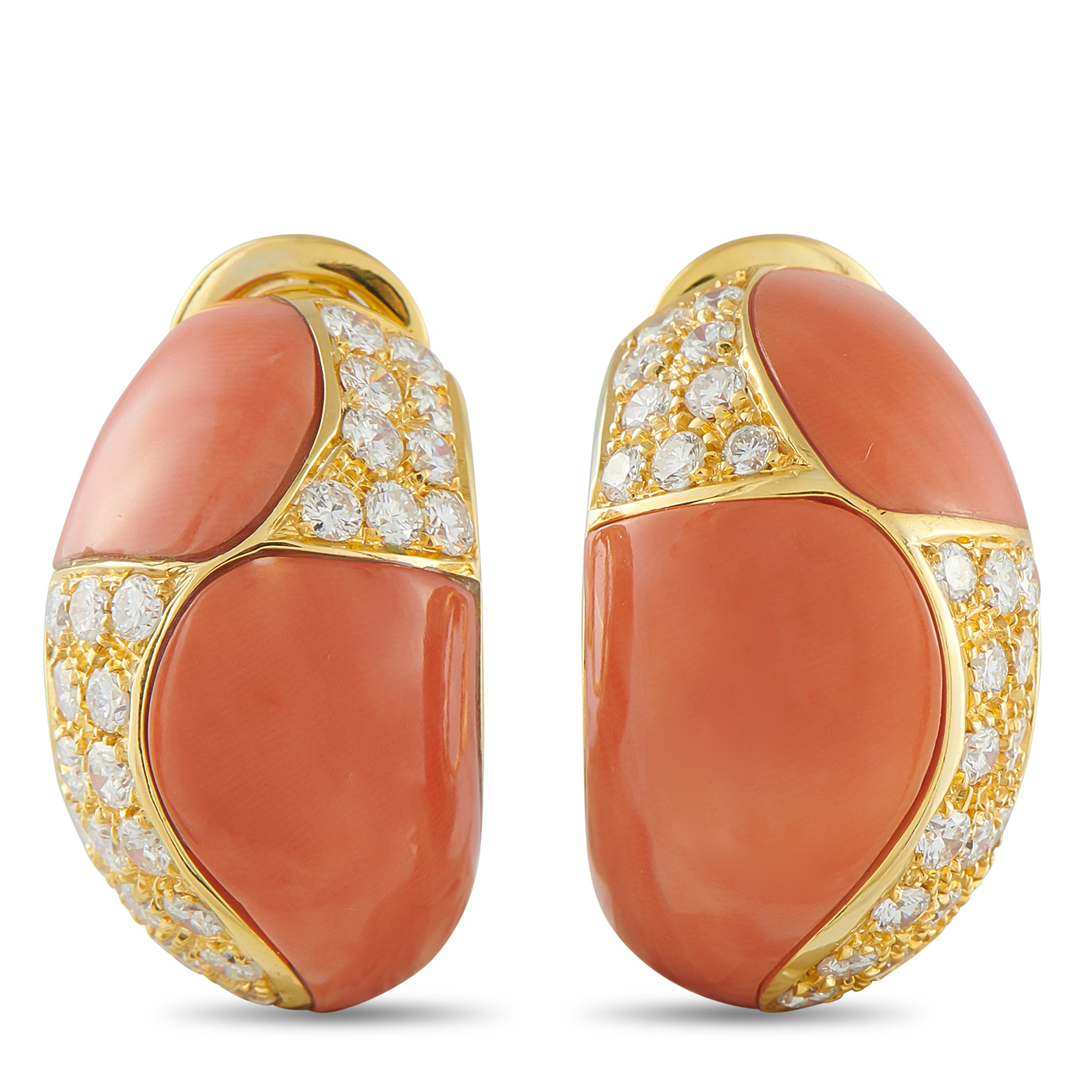 Van Cleef & Arpels 18K Yellow Gold 3.25ct Diamond and Coral Clip-On Earrings